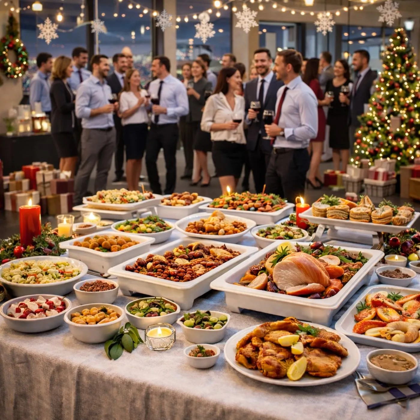 Weihnachtsbuffet auf festlich gedeckter Tafel mit Braten, Salaten und Kerzen, dahinter Gäste mit Weingläsern vor Christbaum und Lichterketten