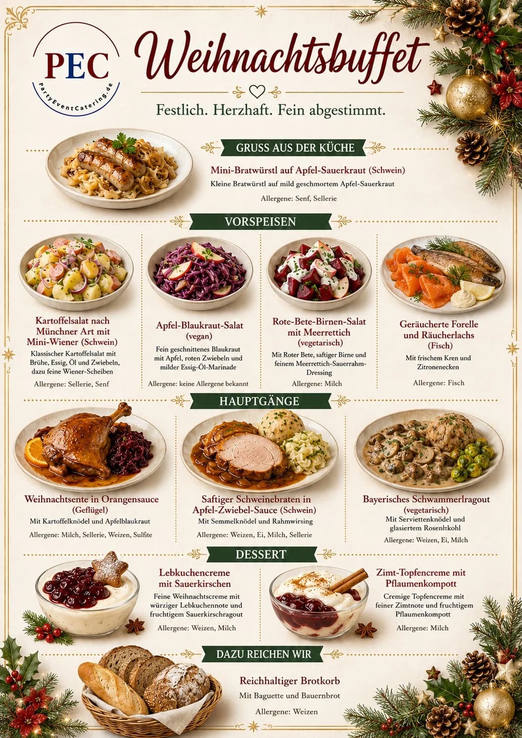 Buffet-Karte Weihnachtsbuffet von PEC mit Gruß aus der Küche, vier Vorspeisen, drei Hauptgängen, zwei Desserts und Brotkorb