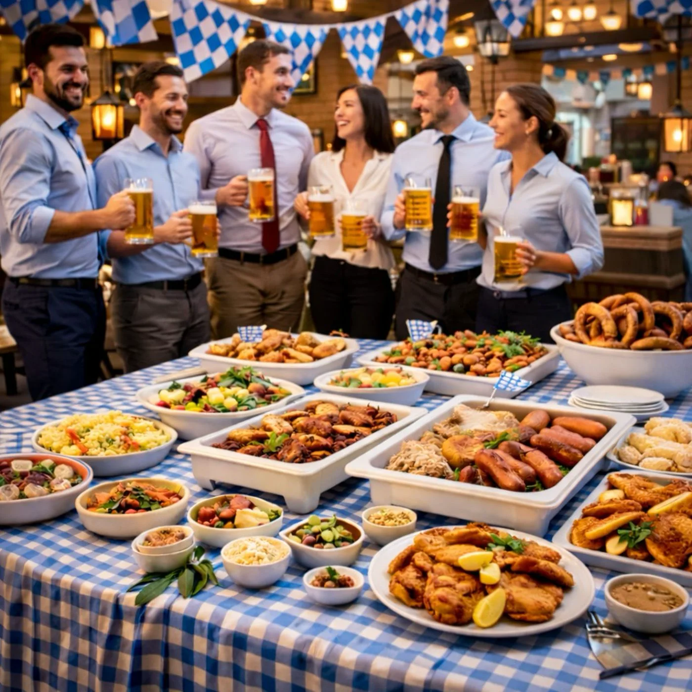 Oktoberfest-Buffet von PEC auf blau-weiß gedeckter Tafel: Wiesn-Hendl, Bratwürste, Salate und ein Korb voller Brezn, dahinter anstoßende Gäste