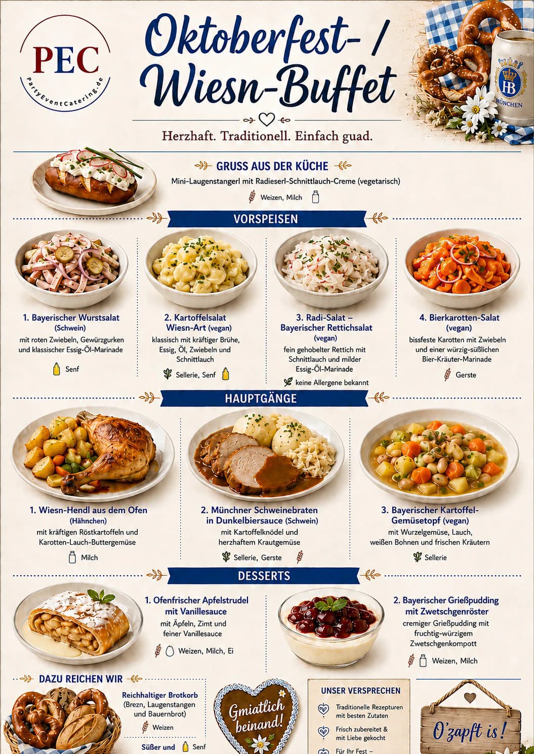 Buffet-Karte Oktoberfest/Wiesn von PEC mit Gruß aus der Küche, vier Vorspeisen, drei Hauptgängen, zwei Desserts und Brotkorb