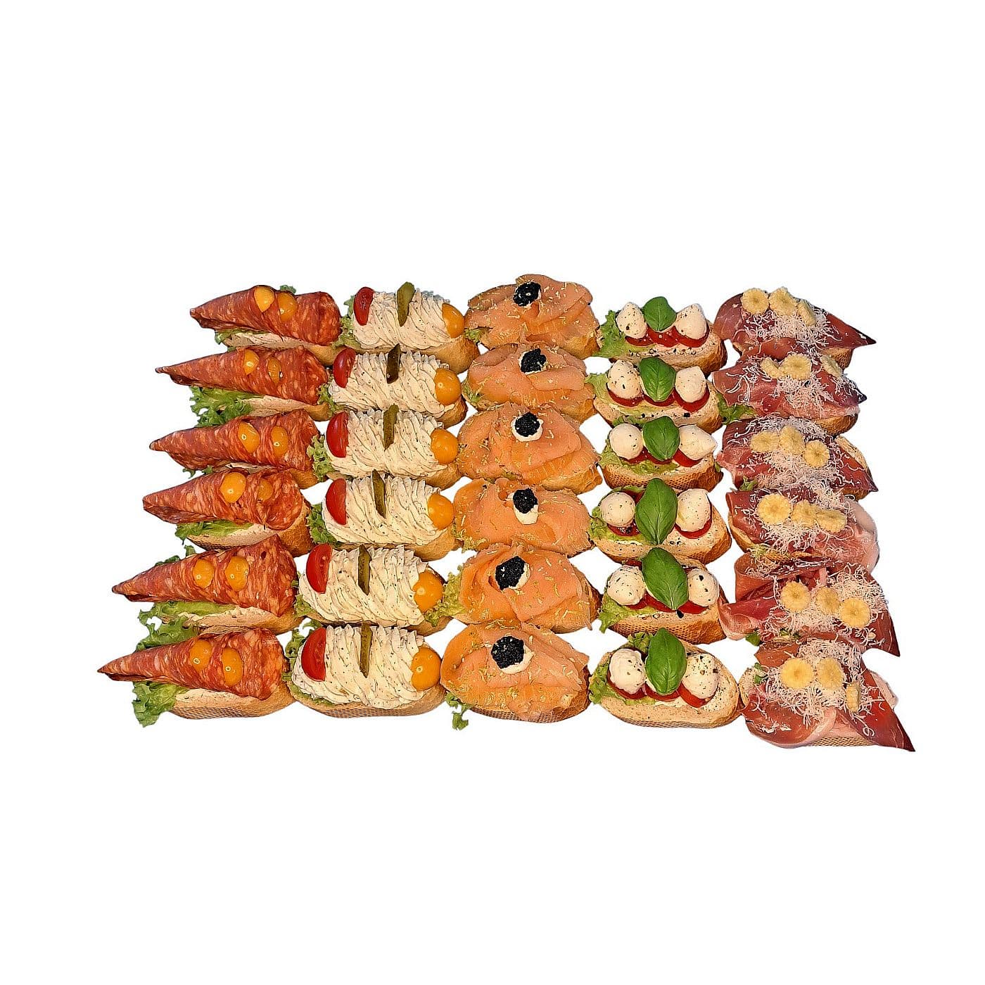 Platte Canapé kreativ mit fünf Sorten belegter Baguette-Croutons